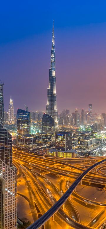 Burj Khalifa, Sheikh Zayed Road, Dubai, Cityscape, Night, City lights, Long exposure, Buildings, Skyscrapers, Dusk, 5K