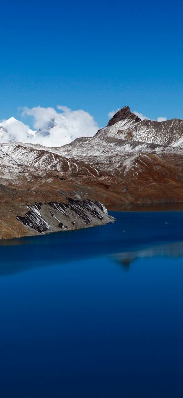 Snowy Mountains, Body of Water, Mountain range, Blue Sky, Lake, Reflection, Landscape, Scenery, 5K