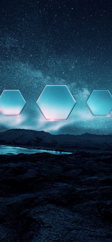 Night, Landscape, Aurora Borealis, Hexagons, Starry sky, Fusion