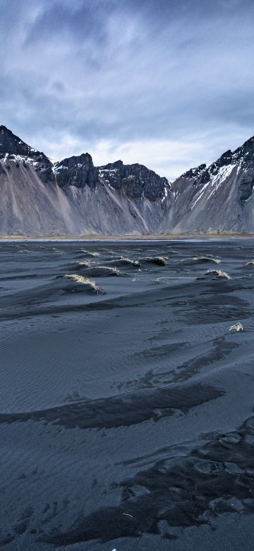 Vestrahorn mountain, 8K, Iceland, Snow covered, Black Soil, Cloudy Sky, Mountain View, Landscape, Scenery, 5K, Stokksnes, Black sand beach