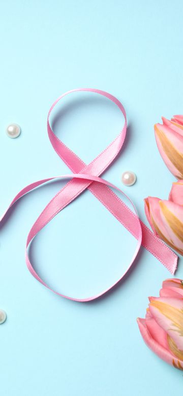 Women's Day, Tulips, March 8th, Ribbon, Pearls, Blue background, 5K