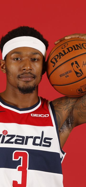 Bradley Beal, Washington Wizards, Basketball player, Red background, NBA, Spalding