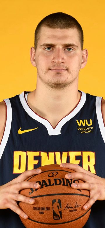 Nikola Jokic, Serbian basketball player, NBA, Denver Nuggets, Yellow background, 5K