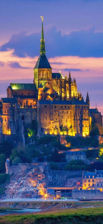 Abbey, Mont Saint-Michel, Normandy, France, Ancient architecture, Tourist attraction, Evening, Sunset, 5K