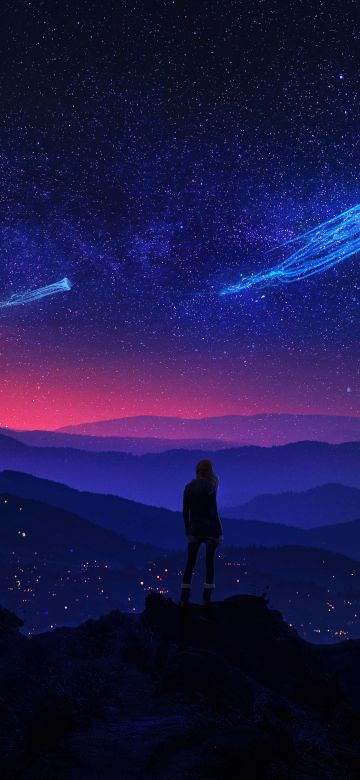 Surreal, Girl, Night, Starry sky, Night sky, Jellyfishes, Dream, Mountains, Aesthetic