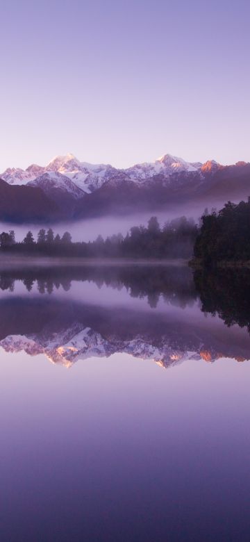 Lake Matheson, New Zealand, Mirror Lake, Reflection, Foggy, Snow covered, Mountain View, Sunrise, Early Morning, 5K