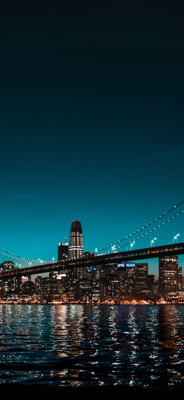 Brooklyn Bridge, Skyline, New York, Cityscape, Night time, City lights, Body of Water, Clear sky, Skyscrapers