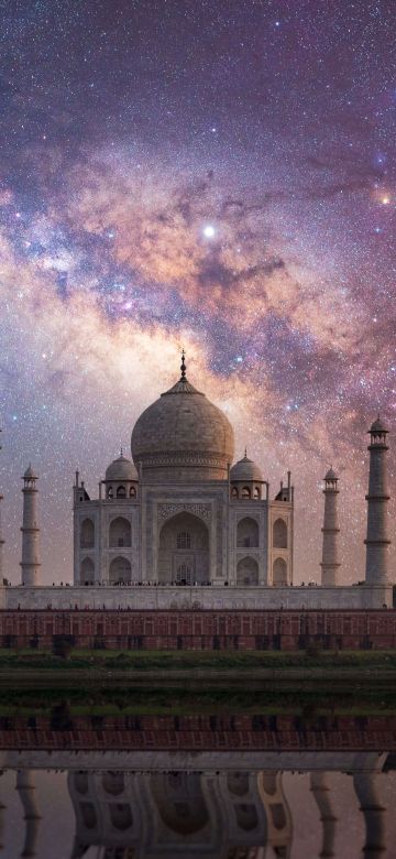 Taj Mahal, UNESCO World Heritage Site, Agra, India, Starry sky, Milky Way, Yamuna River, Reflection, Evening sky, 5K