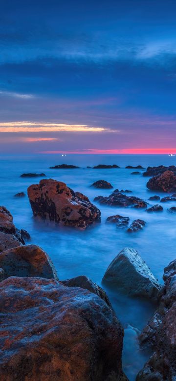 Rocky shore, Beach, Dusk, Ocean, Sunset, Horizon