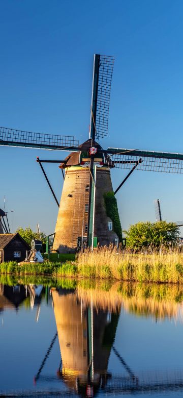 Windmills at Kinderdijk, South Holland, Netherlands, Countryside, River, Reflections, 5K, 8K