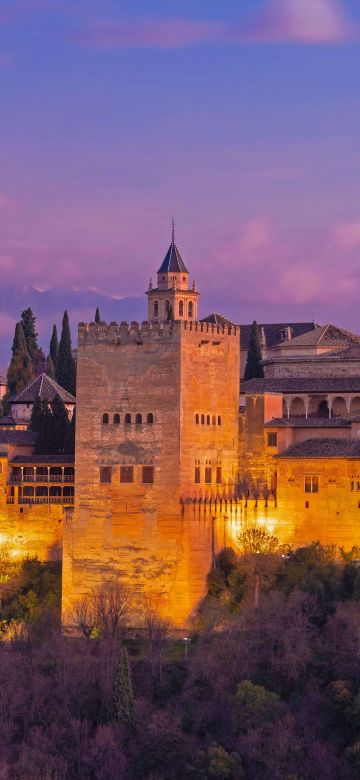 Nasrid Palaces, Ancient architecture, Historical landmark, Granada, Spain, Purple sky, Night, 5K