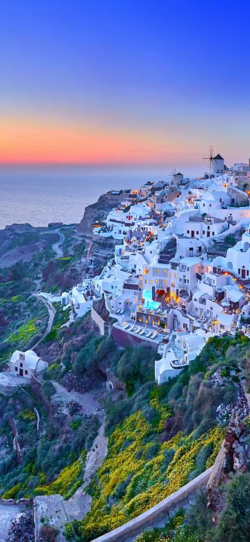 Santorini Island, Thira, Aegean Sea, Fira Town, Greece, Dusk, Sunset, Sunrise, Panorama, 5K, 8K