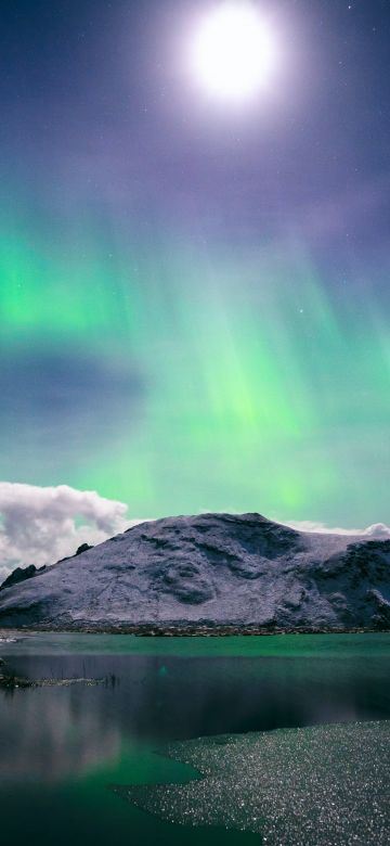 Aurora Borealis, Glacier mountains, Snow covered, Natural Phenomena, Night sky, 5K