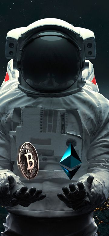 Astronaut, Bitcoin, Ethereum, Cryptocurrency, Planet Earth, Outer space, Space suit, 5K