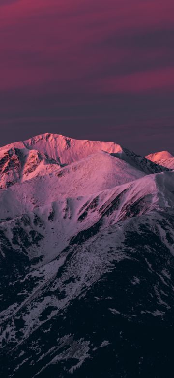 Mountains, Pink sky, Twilight, Sunset, Dusk, Snow covered, Evening, 5K