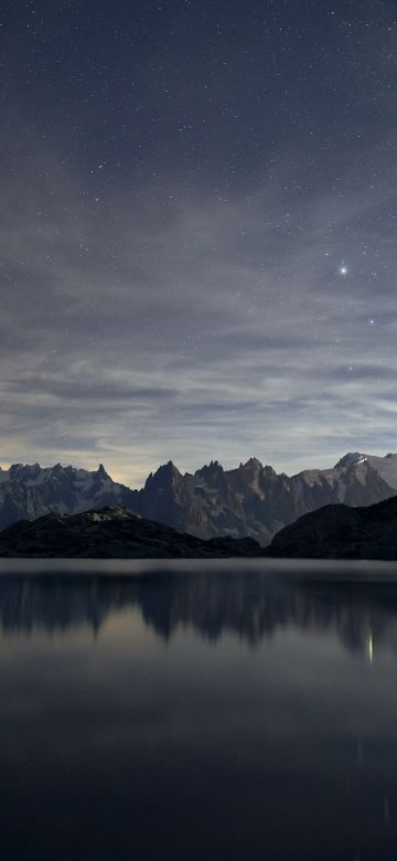 Starry sky, Scenery, 8K, Mountains, Sunset, Evening sky, Landscape, Lake, Body of Water, Reflections