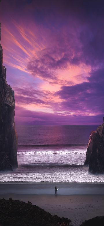 Surreal, Beach, Waves, Alone, Surfer, Dream, Purple sky, Evening, Seascape