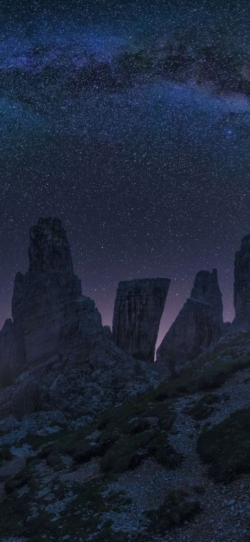 Dolomites, Mountains, Milky Way, Night, Starry sky, Dolomite mountains, Rocks, Italy, 5K, 8K