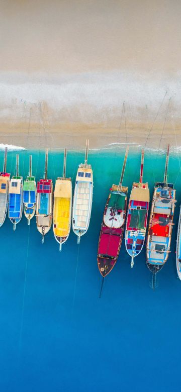 Boats, Beach, Aerial view, 5K