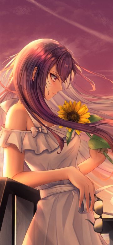 Anime girl, Happy Mood, Sunflower, Alone, 5K