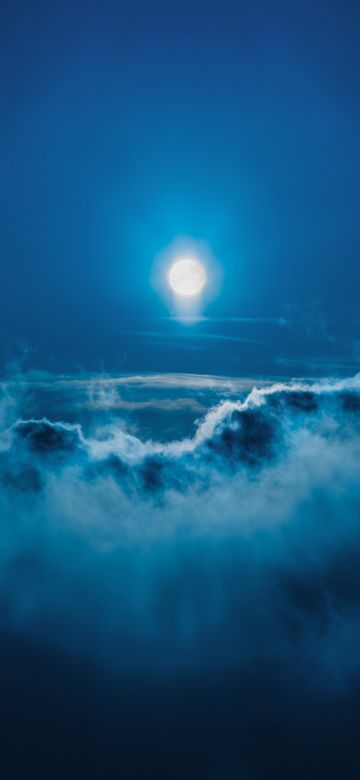 Moon, Above clouds, Night, Cold, Blue Sky, 5K