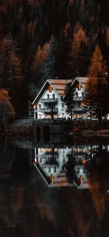 Chalet, Antholzer See, Lake Antholz, Nature Park Rieserferner-Ahrn, Autumn, Reflection, Forest, Italy, Brown aesthetic