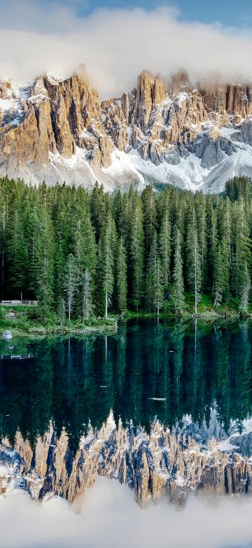 Karersee Lake, Dolomite mountains, Alps mountains, Landscape, Italy, Reflection, 5K