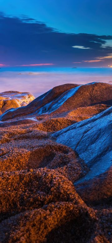 Rocky coast, 8K, Beach, Night, Seashore, 5K