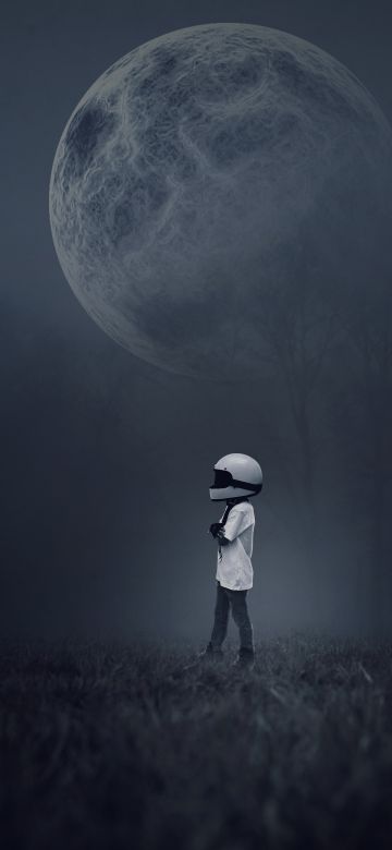 Moon, Alone, Boy, Dream, Helmet, Foggy