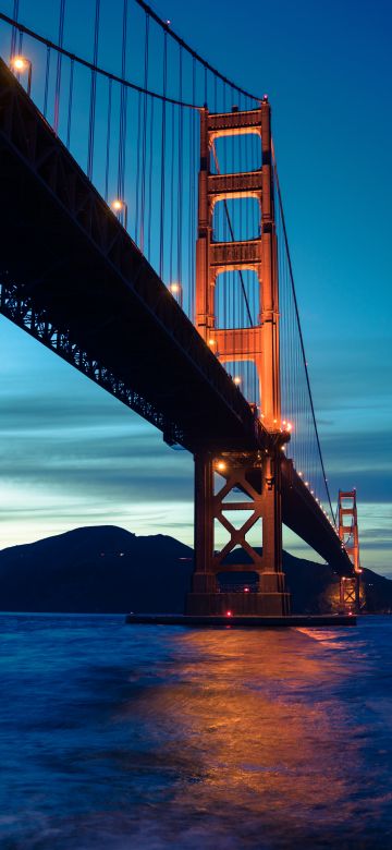 Golden Gate Bridge, Suspension bridge, San Francisco, California, Evening, Sunset, Blue Sky, 5K, 8K