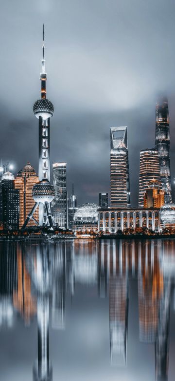 Shanghai City, Cityscape, Reflections, Night City, City lights, Aerial view, Skyscrapers, Dark Sky, 5K, 8K