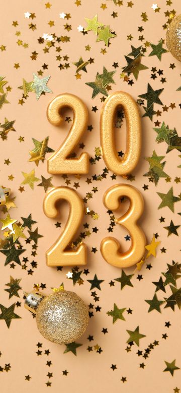 2023 New year, Happy New Year, Christmas decoration, Christmas background, Peach background, Glitter letters, Stars, 5K