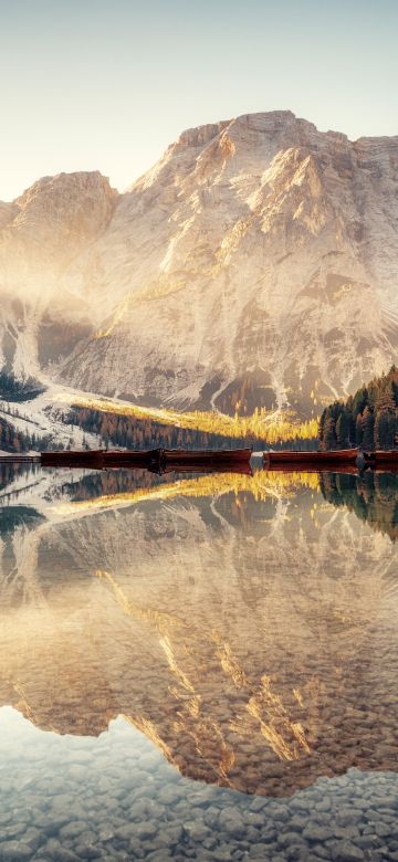 Pragser Wildsee, Scenic, Lake, Dolomite mountains, Italy, Scenery, Reflections, 5K, 8K