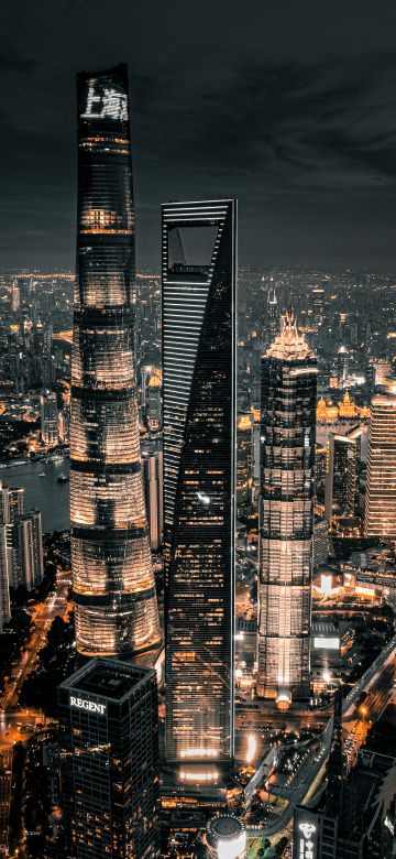 Shanghai City, Dark aesthetic, Cityscape, Night City, City lights, Aerial view, Skyscrapers, Dark Sky, 5K