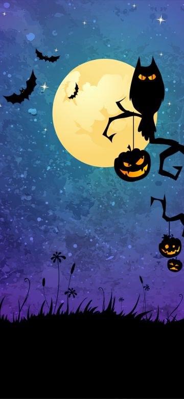 Halloween background, Halloween night, Halloween Bats, Halloween pumpkins, Moon, Purple background, Illustration