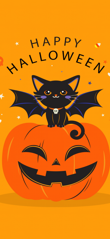 Happy Halloween, Yellow aesthetic, Halloween Bats, Halloween Pumpkin, Yellow background, 5K, Cute Halloween