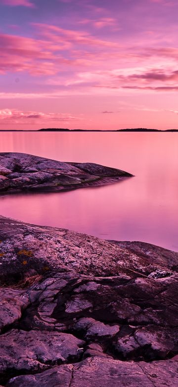 Sunset, Scenery, Lake, Rocks, Pink sky, 8K