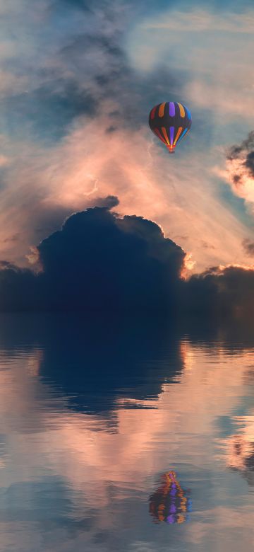 Hot air balloon, 8K, Sunset, Clouds, Seascape, Horizon, Reflections, 5K