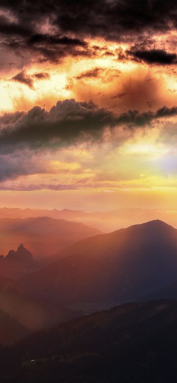 Mountain range, Sunset, Fog, Clouds, Landscape, 5K, 8K, Panorama