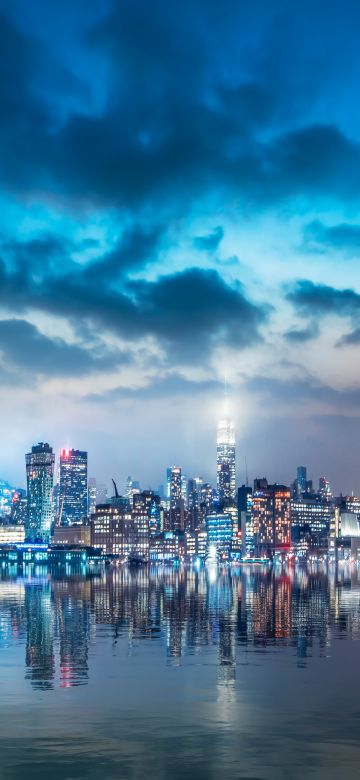 Cityscape, Night City, City lights, Skyline, Clouds, Reflections, 5K, 8K