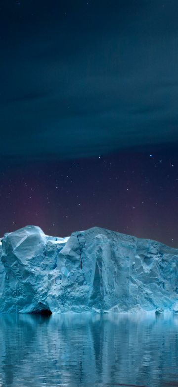 Iceberg, Seascape, Night, Aurora sky, Clouds, 5K, 8K