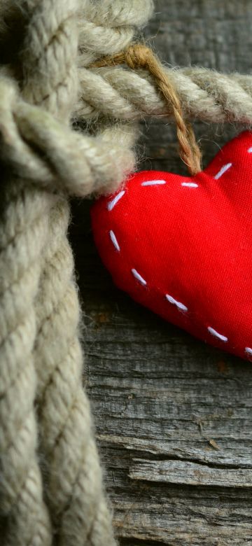 Red heart, Love heart, Heart symbol, Wooden background, Rope, Knot, 5K, Aesthetic