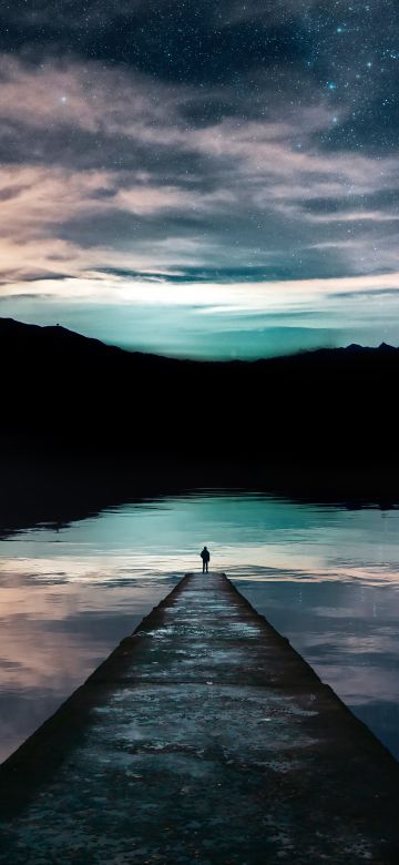 Alone, 5K, Sunset, Silhouette, Mountains, Lake, Reflections, Starry sky