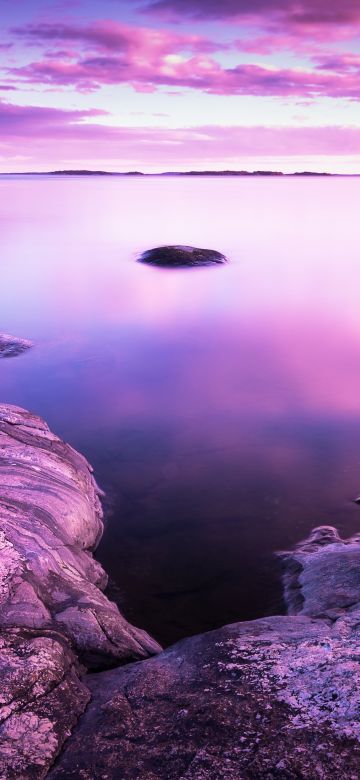 Sunset, 8K, Scenery, Rocks, Lake, Purple sky, Pink