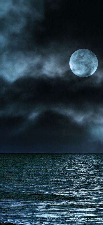 Moon, Seascape, Night, Clouds, Ocean, 5K, 8K