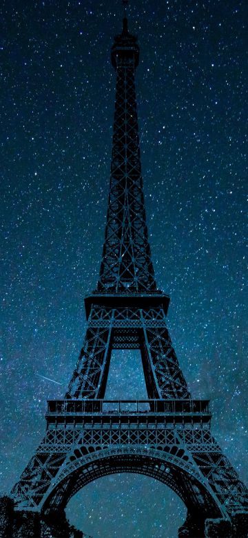 Eiffel Tower, Night, Paris, Silhouette, Starry sky, Blue Sky, 5K, France