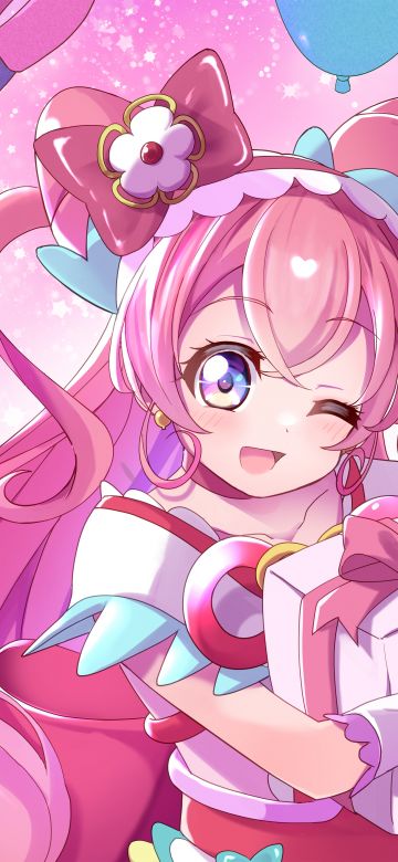 Yui Nagomi, Delicious Party Precure, Cure Precious, Pretty Cure, Anime girl, Pink background, 5K