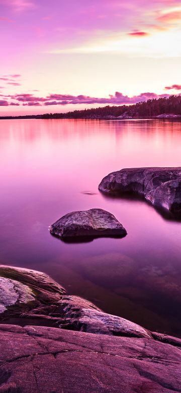 Sunset, Lake, Purple, Pink sky, Scenery, Body of Water, Rocks, 5K, 8K