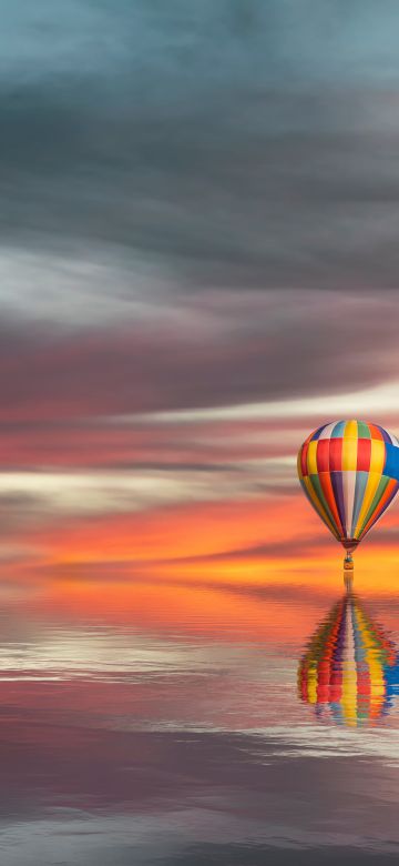 Hot air balloon, Reflection, Cloudy, Sunset, Lake, Scenic, 5K, Aesthetic