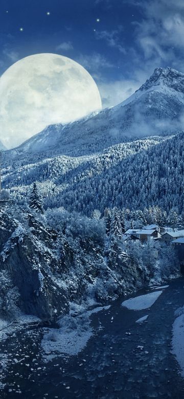 Winter, Moon, Frozen, Forest, Village, Snowfall, 5K